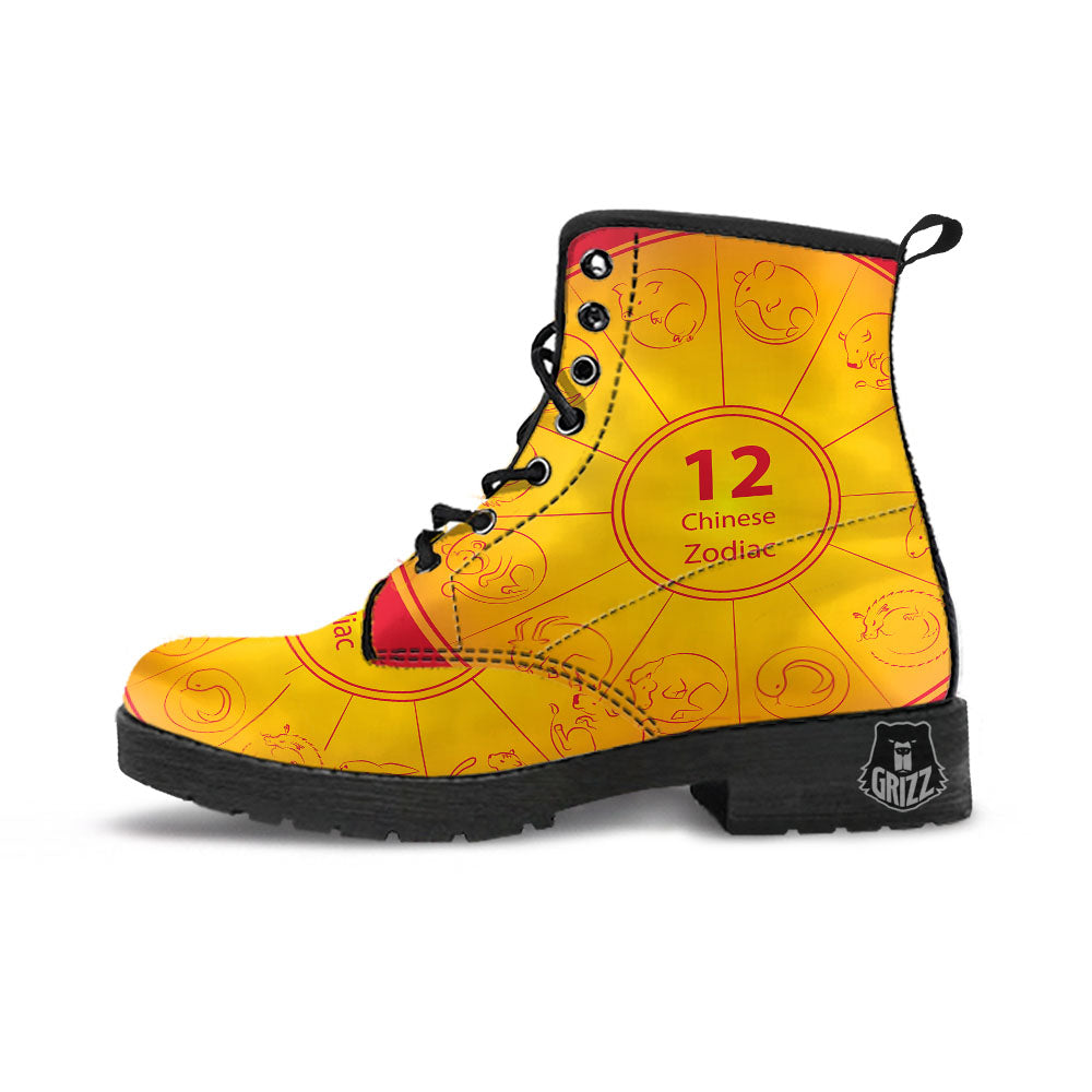 Chinese Zodiac Yellow And Red Print Leather Boots-grizzshop