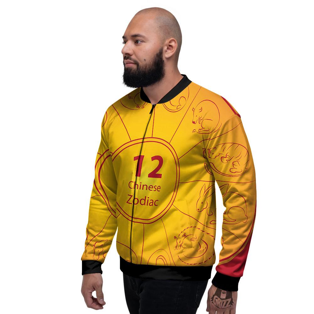 Chinese Zodiac Yellow And Red Print Men's Bomber Jacket-grizzshop