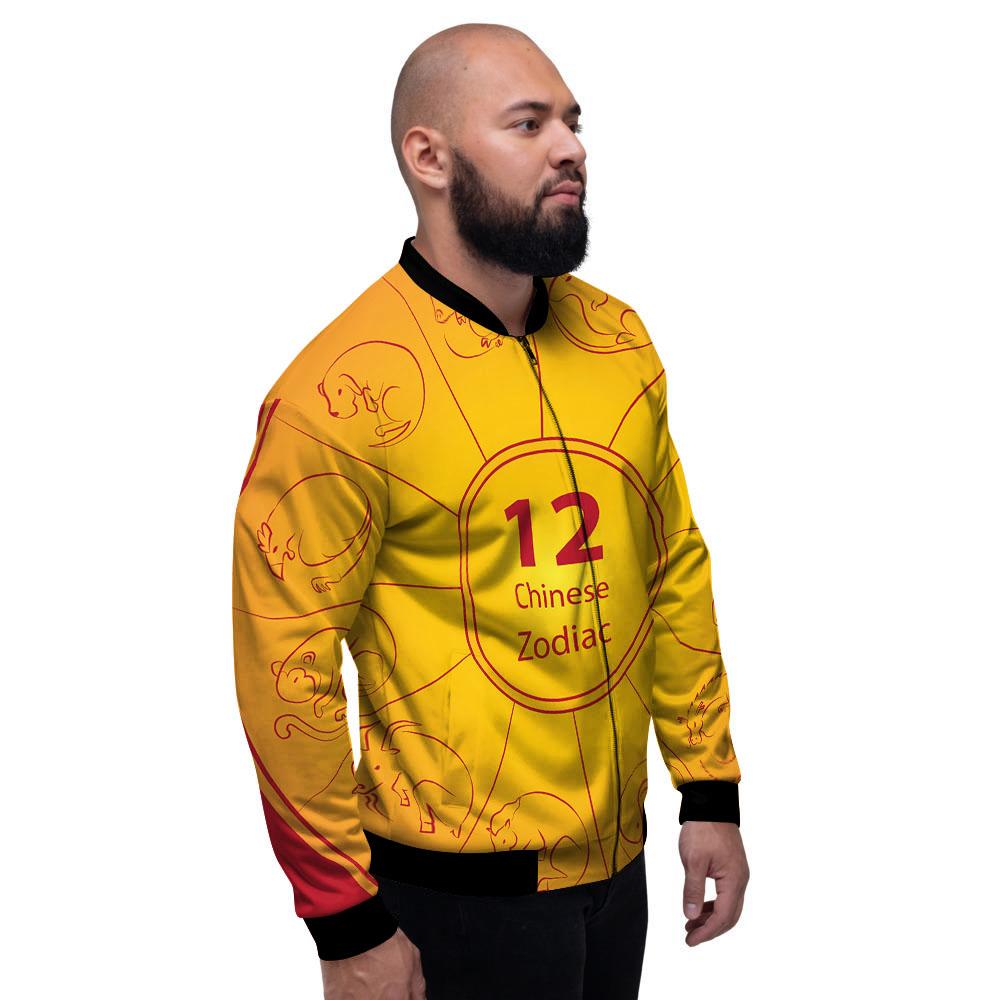 Chinese Zodiac Yellow And Red Print Men's Bomber Jacket-grizzshop