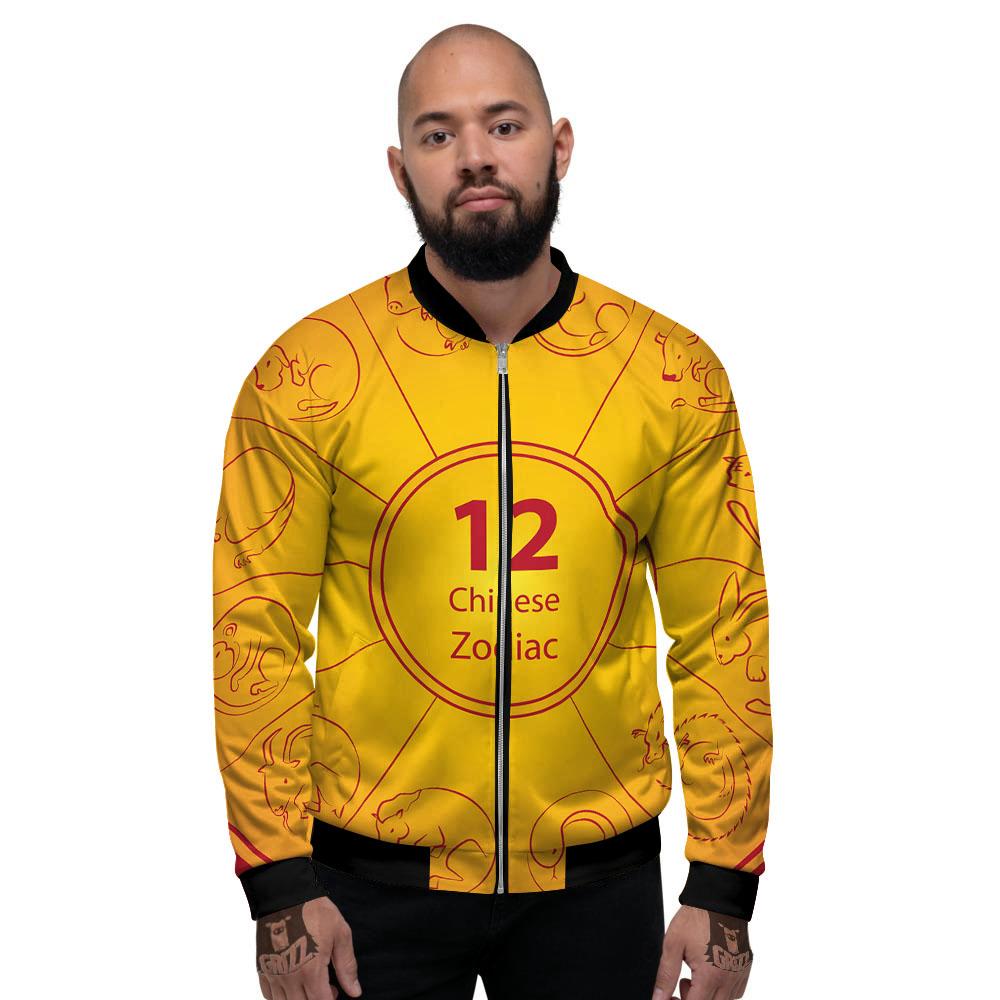 Chinese Zodiac Yellow And Red Print Men's Bomber Jacket-grizzshop