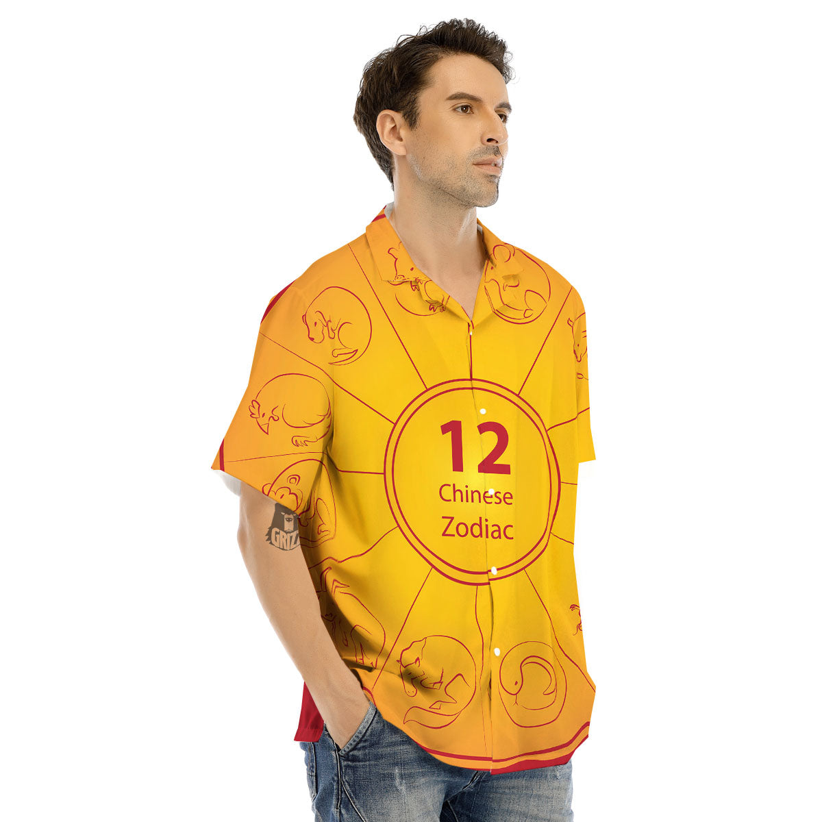 Chinese Zodiac Yellow And Red Print Men's Hawaiian Shirt-grizzshop