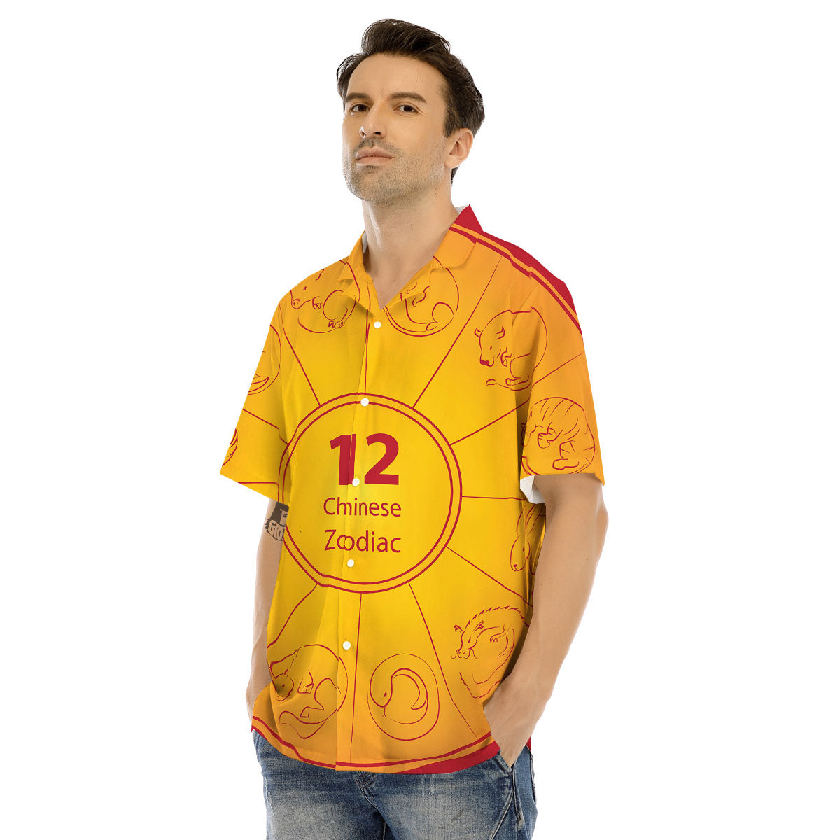 Chinese Zodiac Yellow And Red Print Men's Hawaiian Shirt-grizzshop
