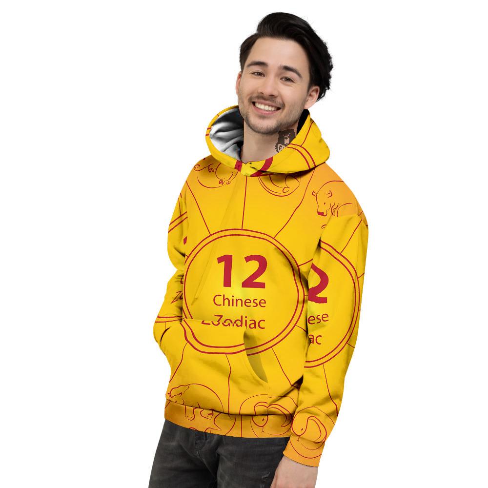 Chinese Zodiac Yellow And Red Print Men's Hoodie-grizzshop