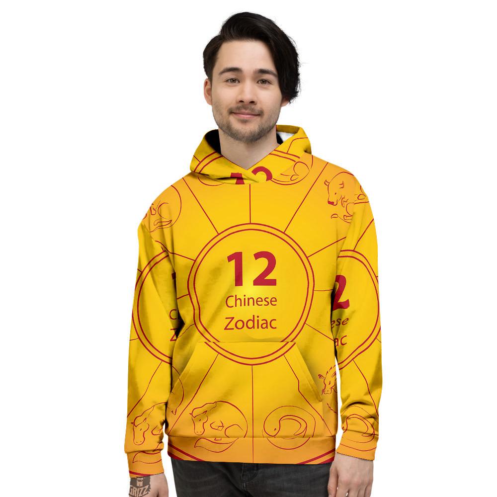 Chinese Zodiac Yellow And Red Print Men's Hoodie-grizzshop