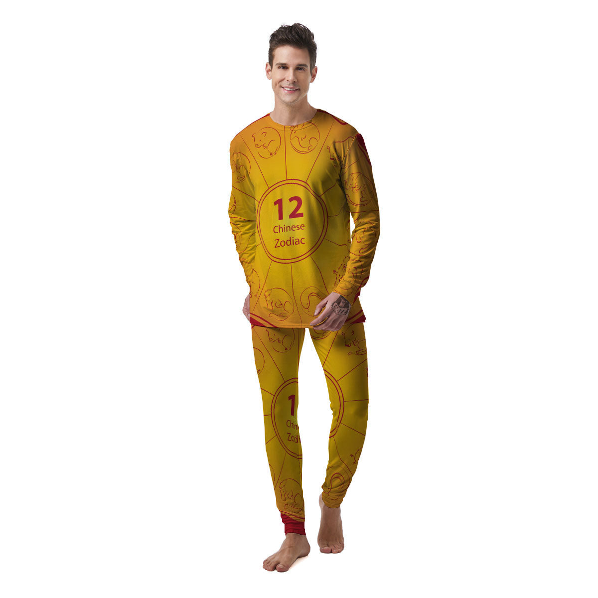 Chinese Zodiac Yellow And Red Print Men's Pajamas-grizzshop