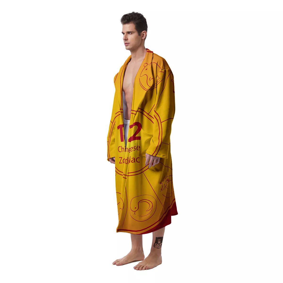 Chinese Zodiac Yellow And Red Print Men's Robe-grizzshop
