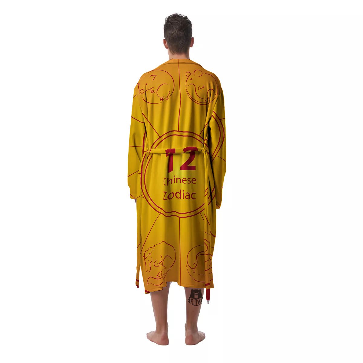 Chinese Zodiac Yellow And Red Print Men's Robe-grizzshop