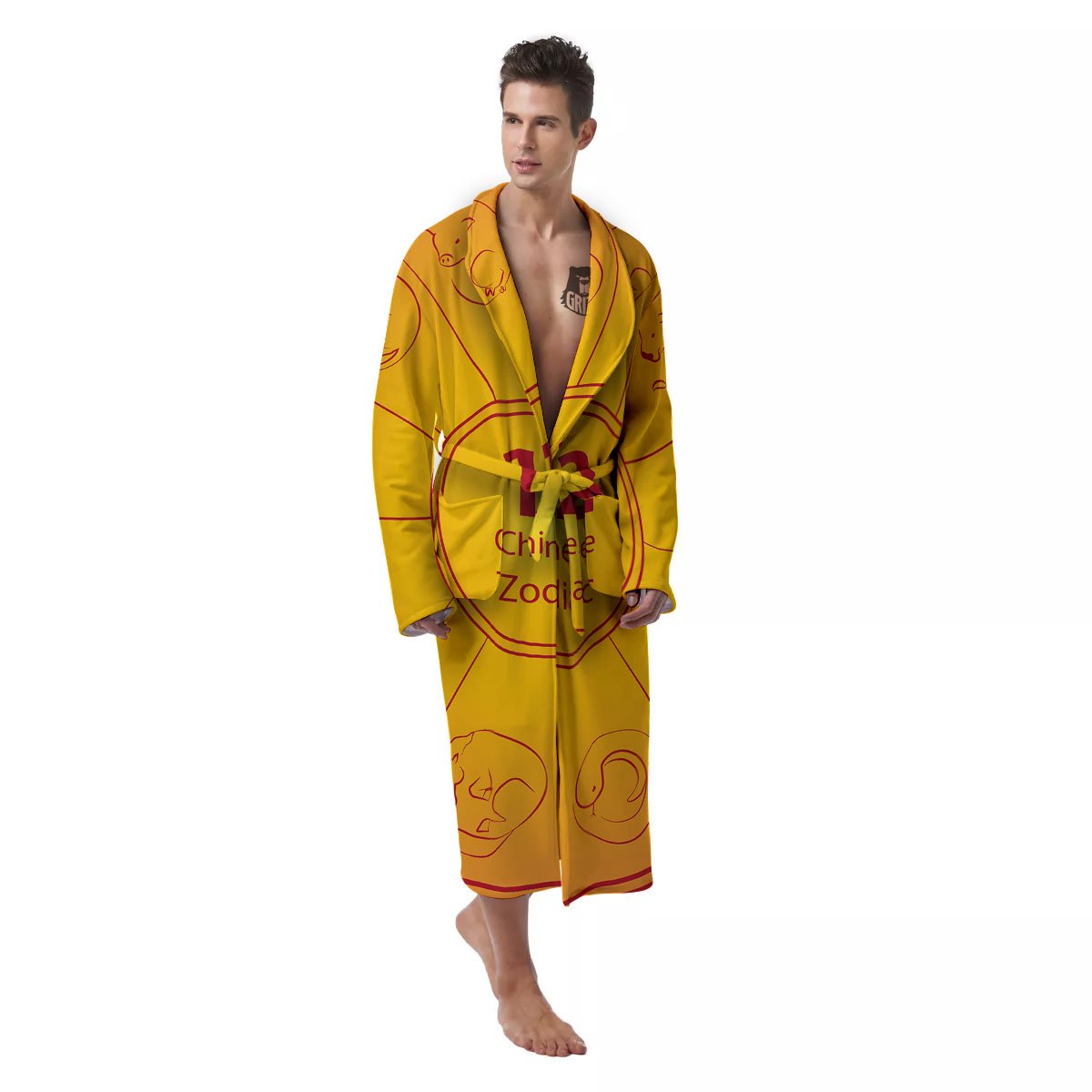 Chinese Zodiac Yellow And Red Print Men's Robe-grizzshop