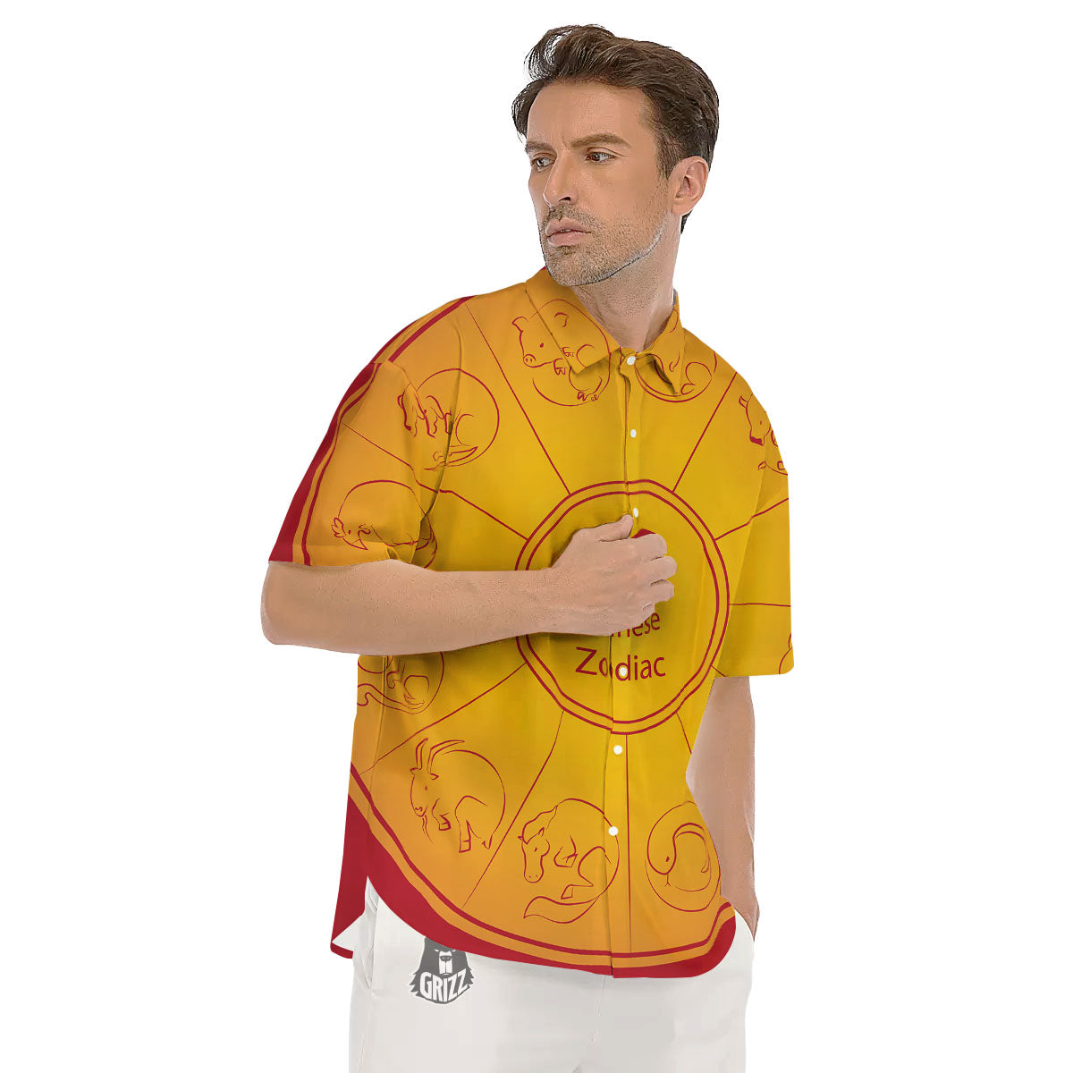 Chinese Zodiac Yellow And Red Print Men's Short Sleeve Shirts-grizzshop