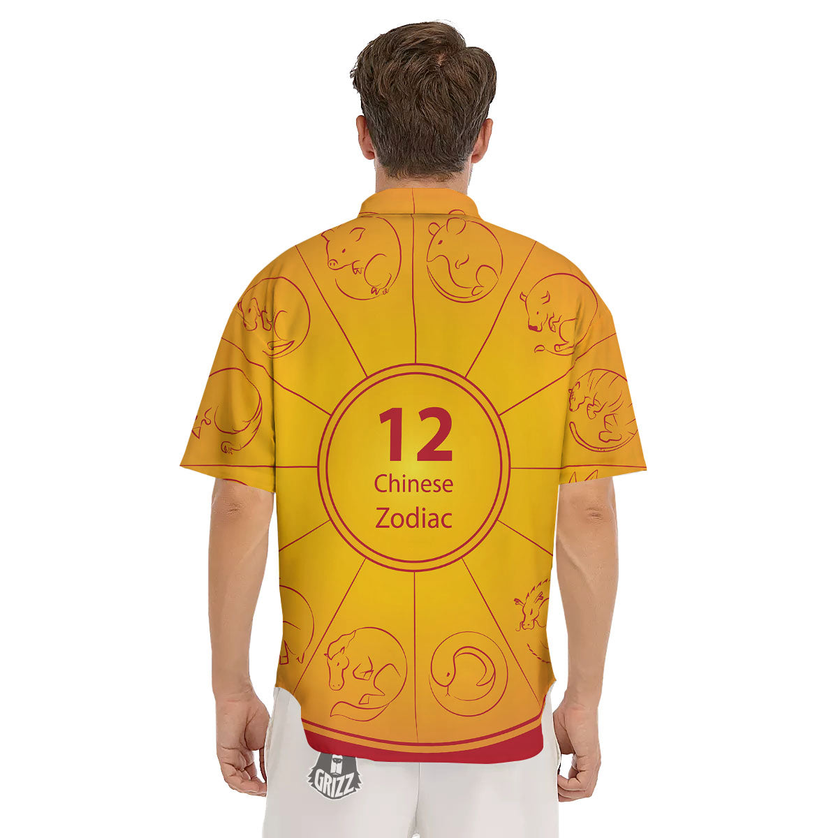 Chinese Zodiac Yellow And Red Print Men's Short Sleeve Shirts-grizzshop