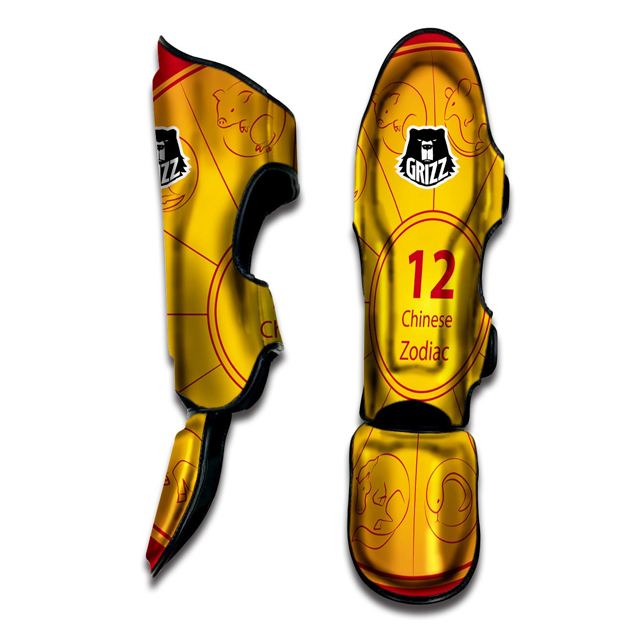 Chinese Zodiac Yellow And Red Print Muay Thai Shin Guards-grizzshop