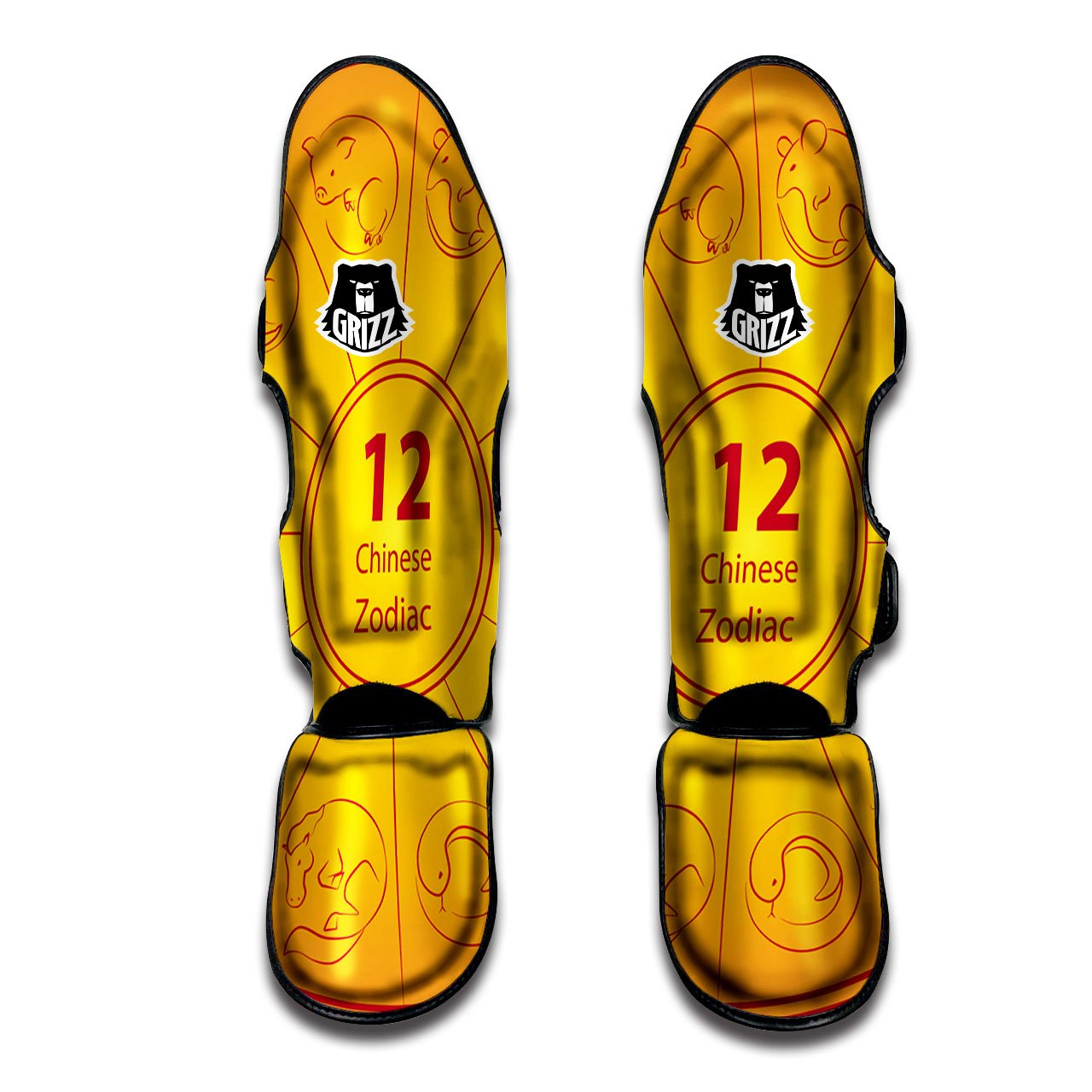 Chinese Zodiac Yellow And Red Print Muay Thai Shin Guards-grizzshop