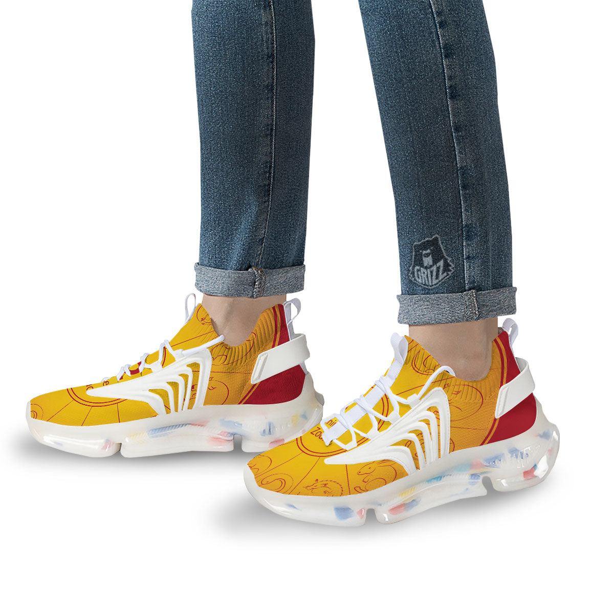 Chinese Zodiac Yellow And Red Print White Gym Shoes-grizzshop