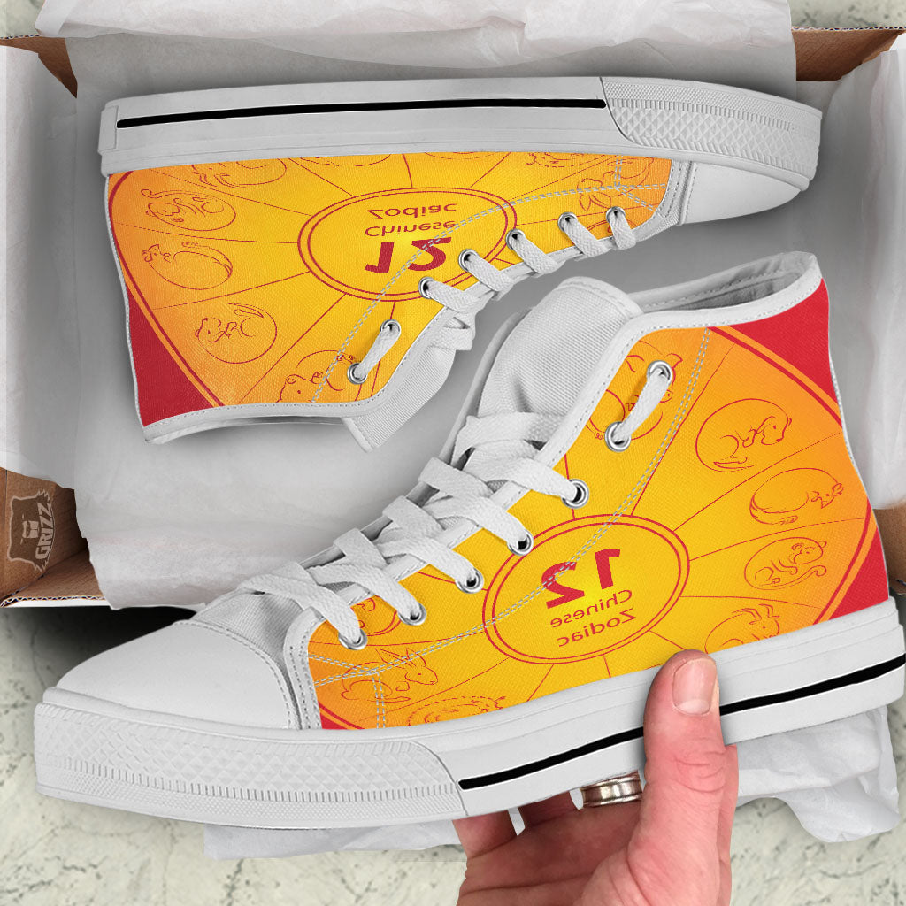 Chinese Zodiac Yellow And Red Print White High Top Shoes-grizzshop