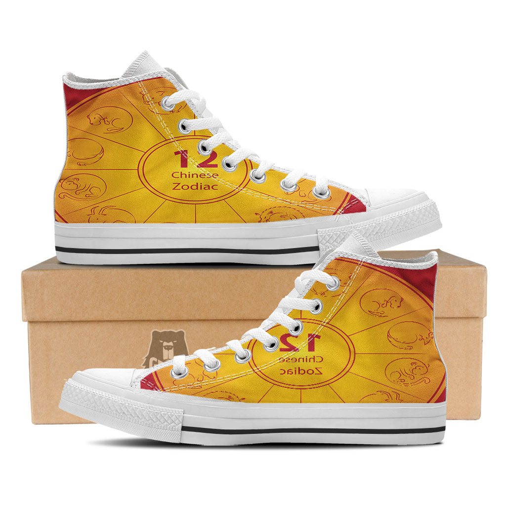 Chinese Zodiac Yellow And Red Print White High Top Shoes-grizzshop