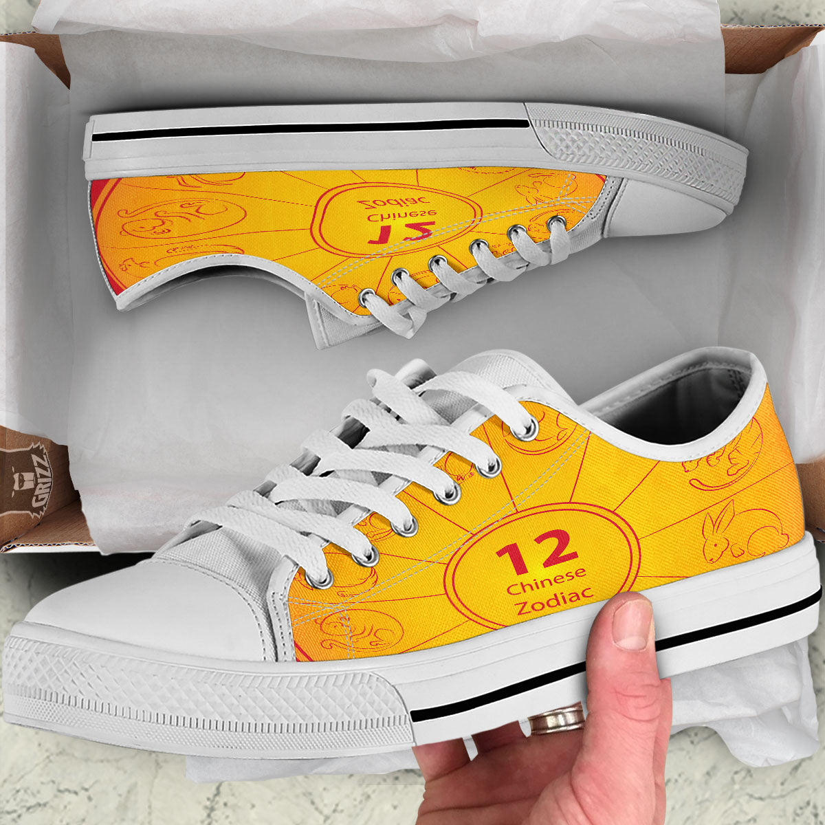 Chinese Zodiac Yellow And Red Print White Low Top Shoes-grizzshop