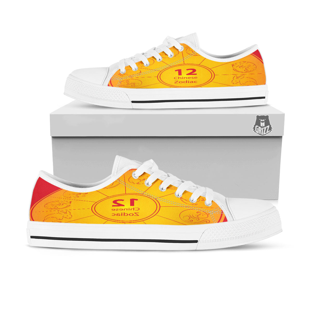 Chinese Zodiac Yellow And Red Print White Low Top Shoes-grizzshop