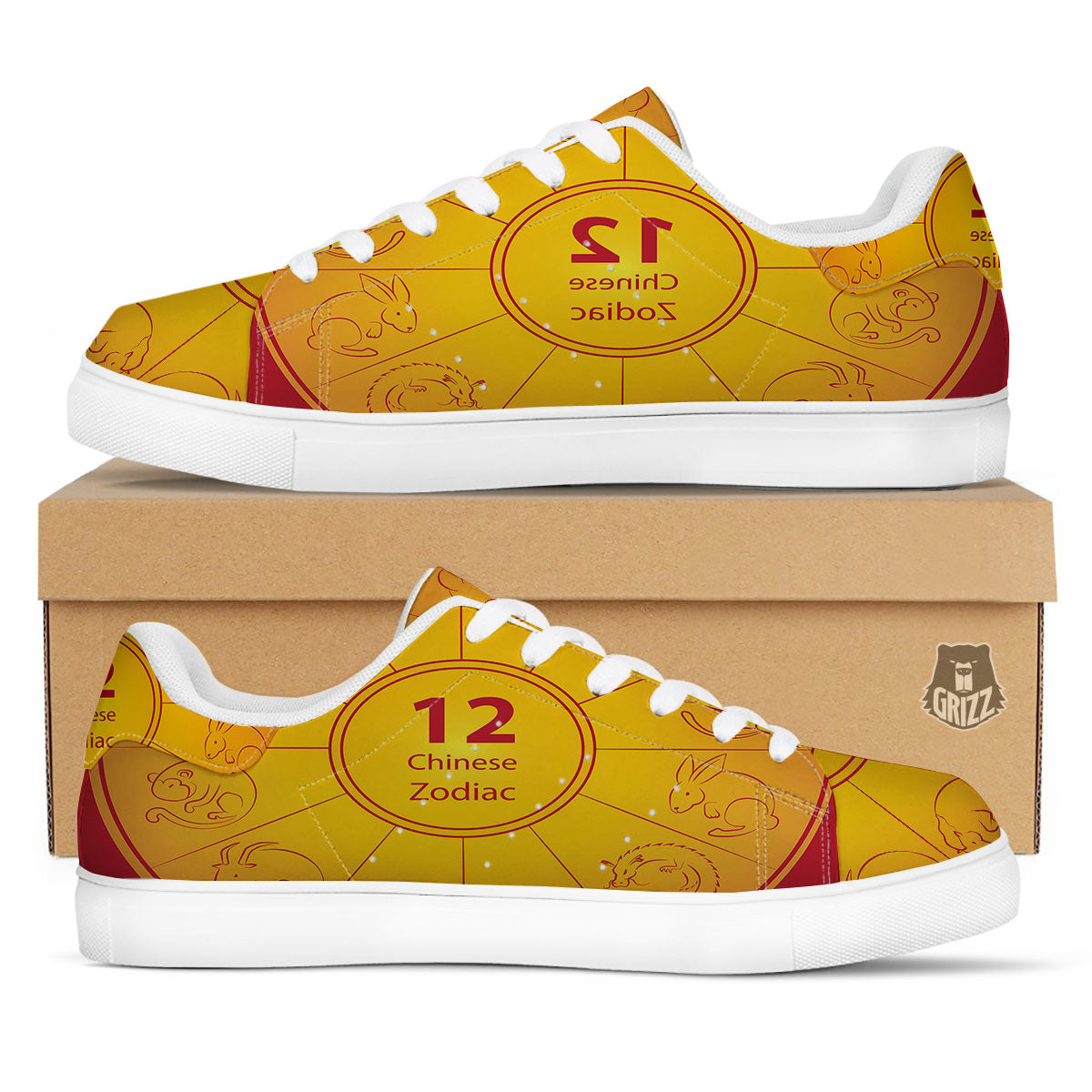 Chinese Zodiac Yellow And Red Print White Low Top Sneakers-grizzshop