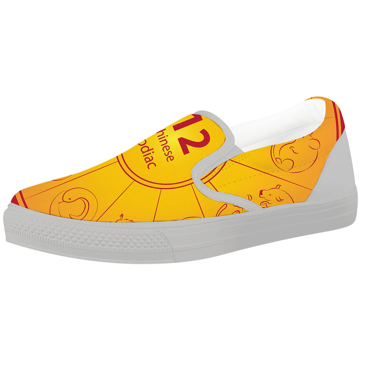 Chinese Zodiac Yellow And Red Print White Slip On Shoes-grizzshop