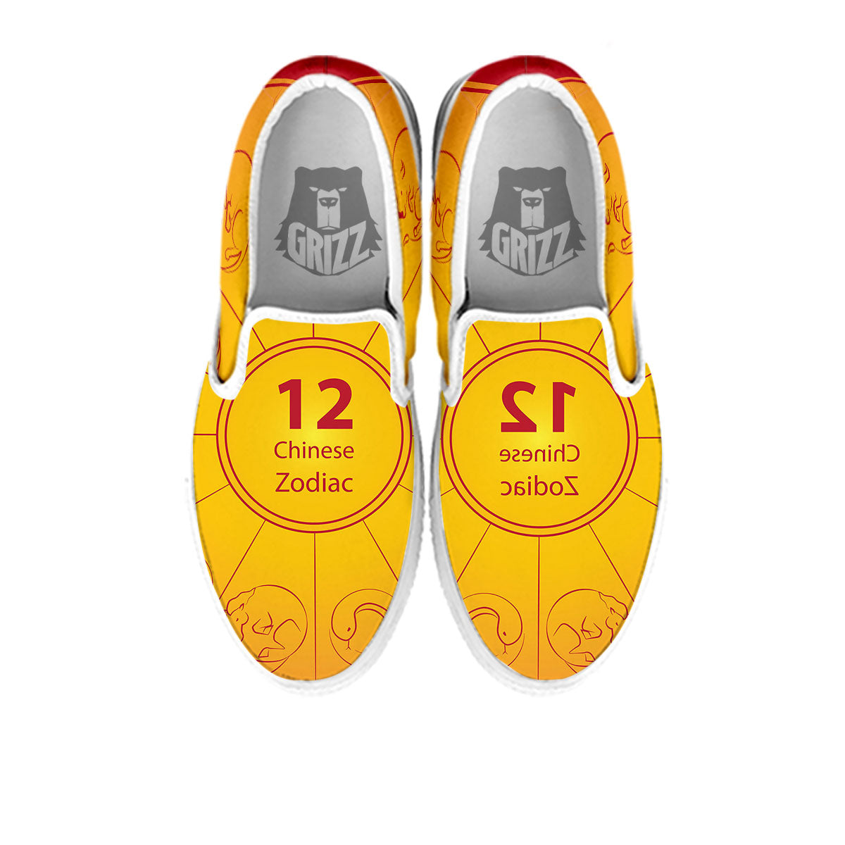 Chinese Zodiac Yellow And Red Print White Slip On Shoes-grizzshop