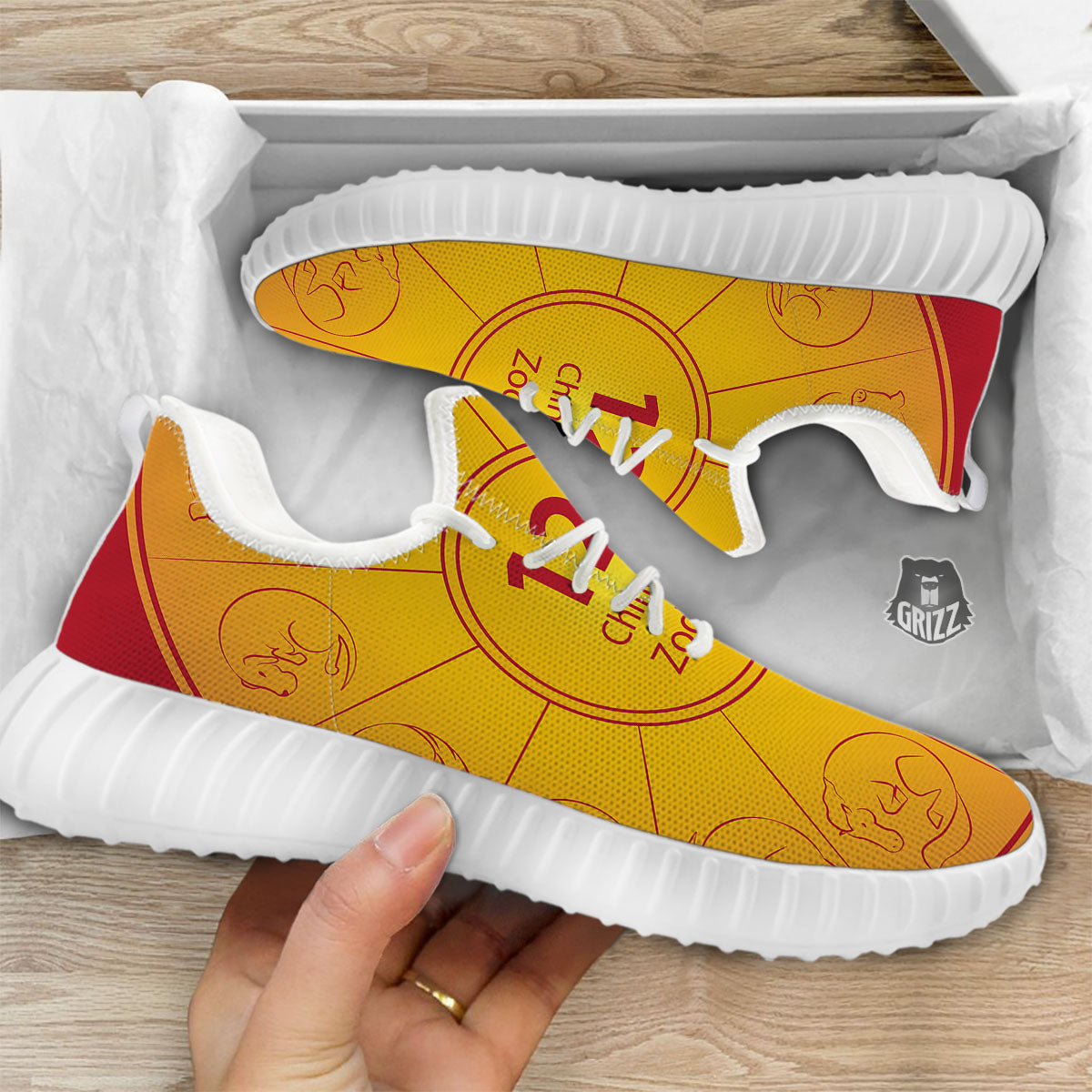 Chinese Zodiac Yellow And Red Print White Walking Shoes-grizzshop