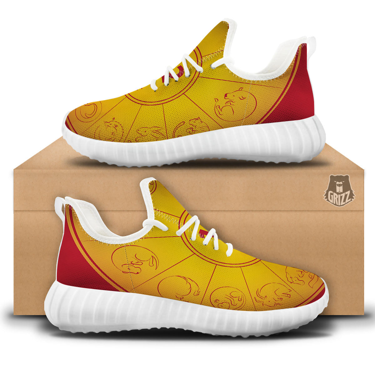 Chinese Zodiac Yellow And Red Print White Walking Shoes-grizzshop