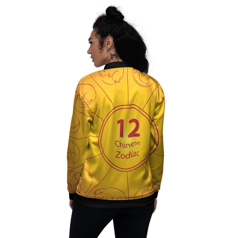 Chinese Zodiac Yellow And Red Print Women's Bomber Jacket-grizzshop