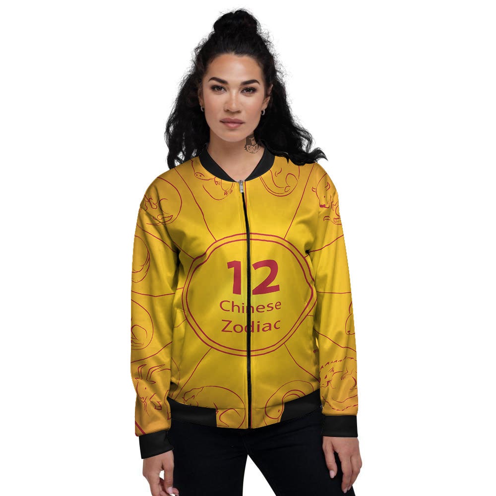 Chinese Zodiac Yellow And Red Print Women's Bomber Jacket-grizzshop