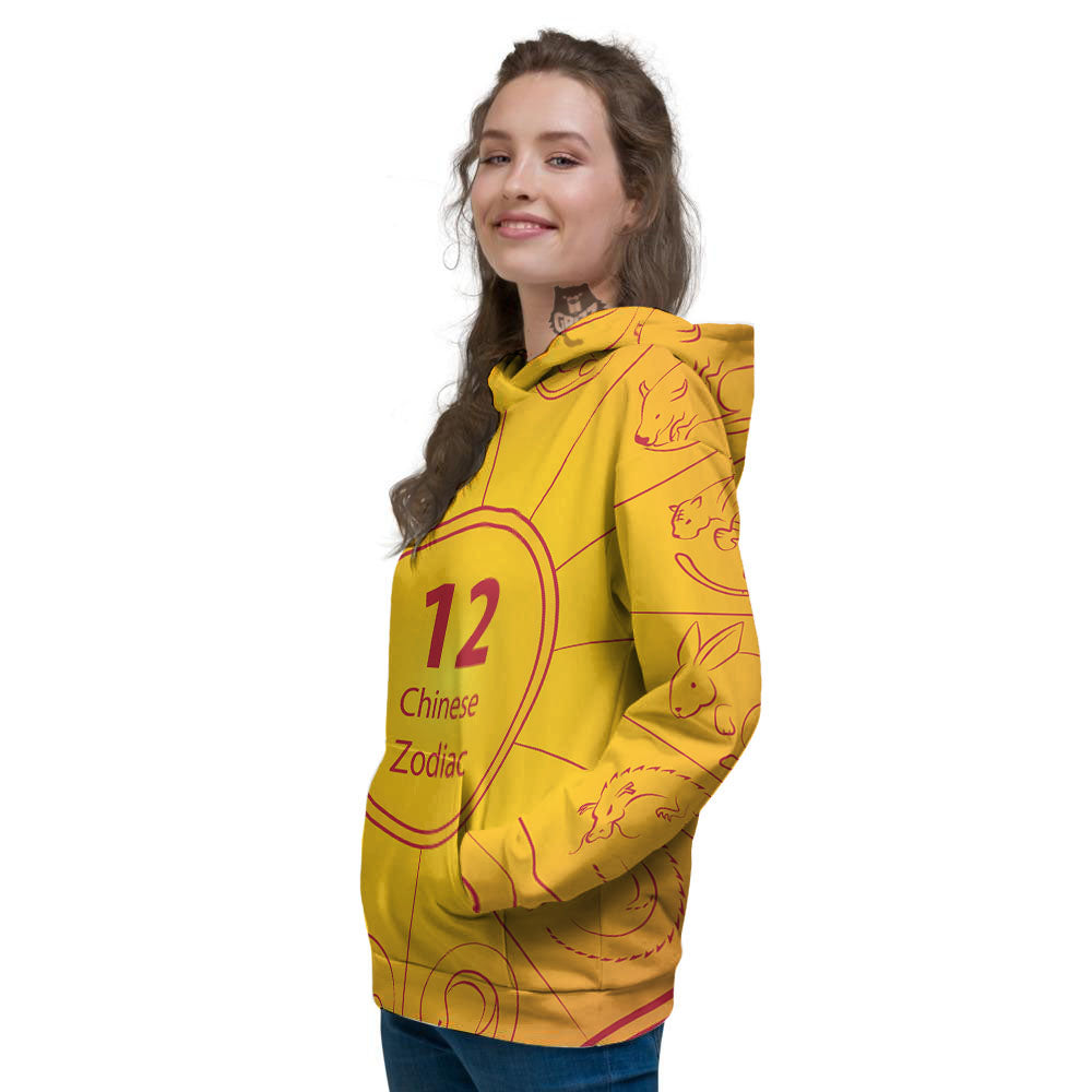 Chinese Zodiac Yellow And Red Print Women's Hoodie-grizzshop