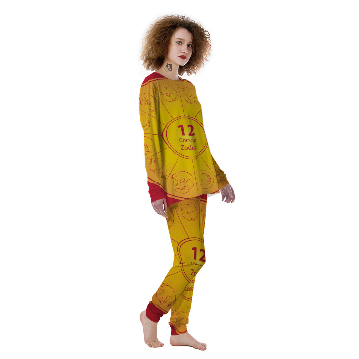 Chinese Zodiac Yellow And Red Print Women's Pajamas-grizzshop