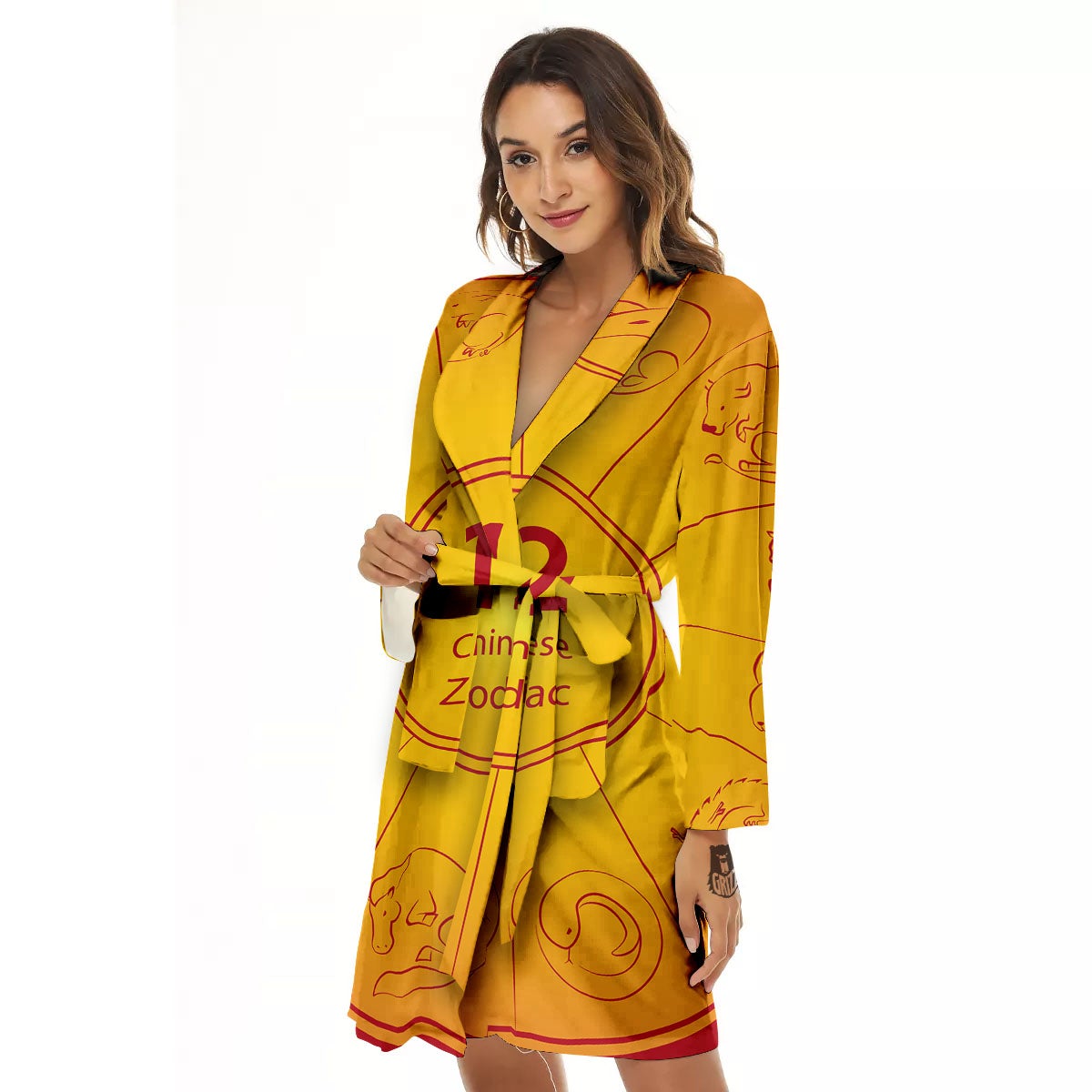 Chinese Zodiac Yellow And Red Print Women's Robe-grizzshop