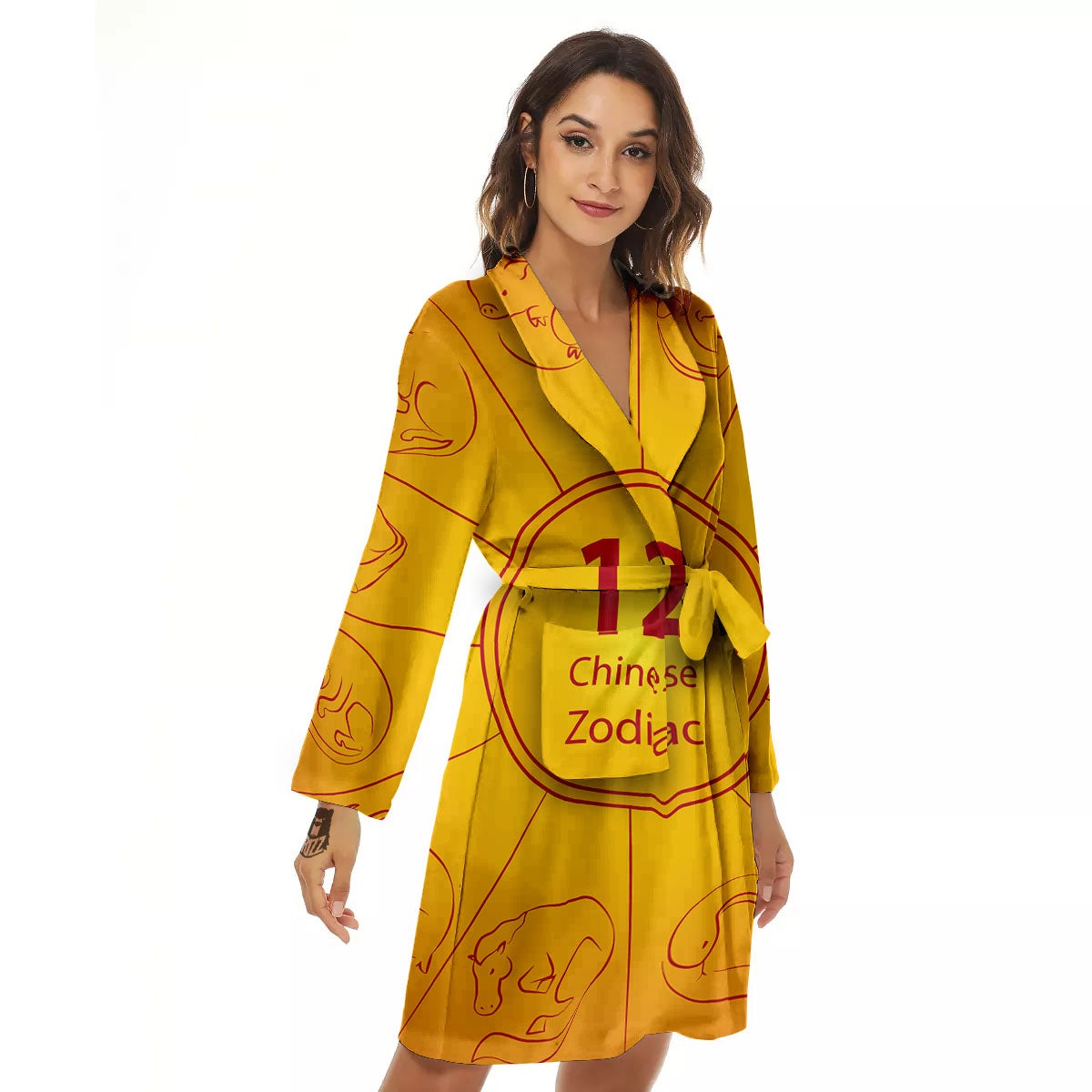 Chinese Zodiac Yellow And Red Print Women's Robe-grizzshop