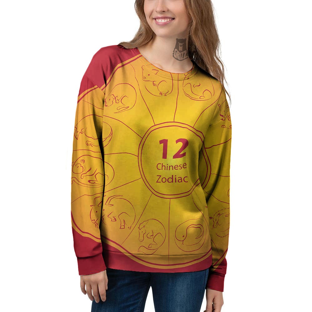 Chinese Zodiac Yellow And Red Print Women's Sweatshirt-grizzshop