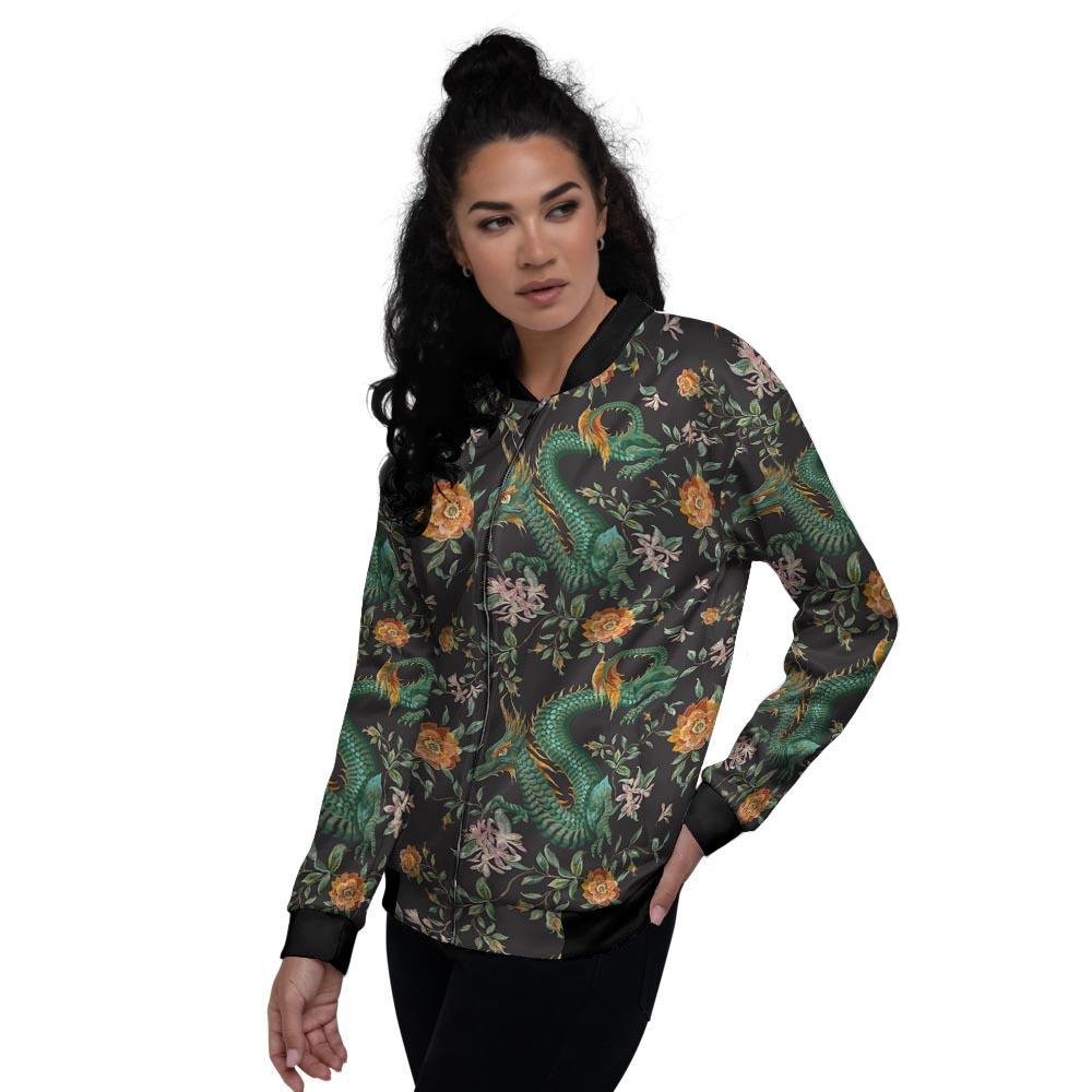 Chinese Green Dragon Print Women's Bomber Jacket-grizzshop