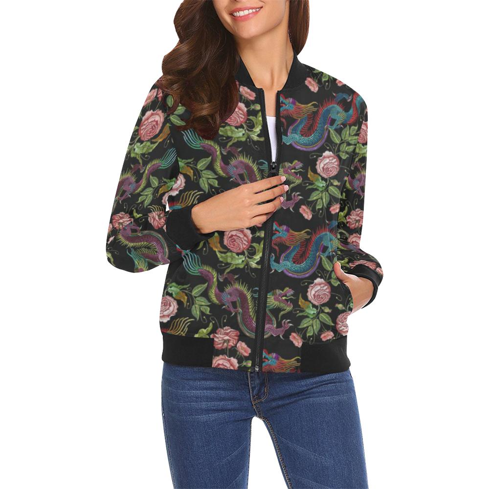 Chinese Rose Dragon Pattern Print Women Casual Bomber Jacket-grizzshop