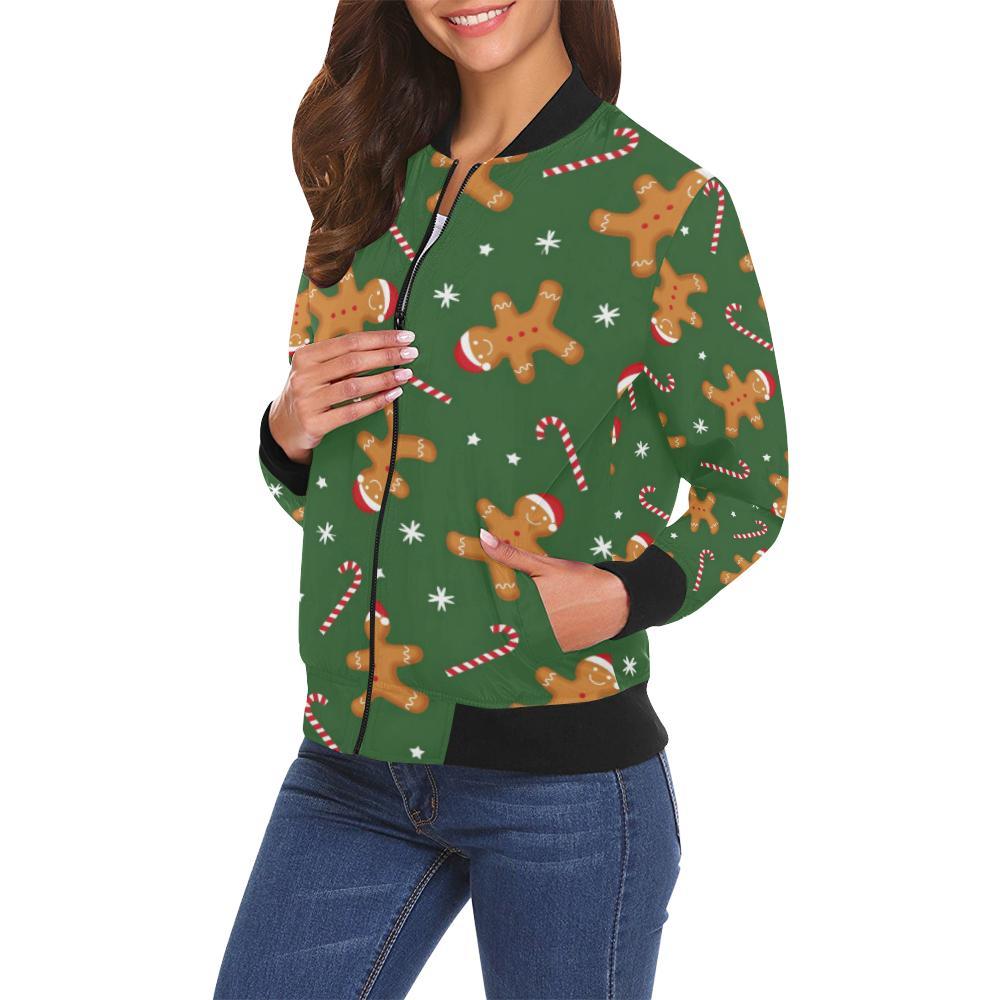 Chirstmas Gingerbread Man Print Pattern Women Casual Bomber Jacket-grizzshop