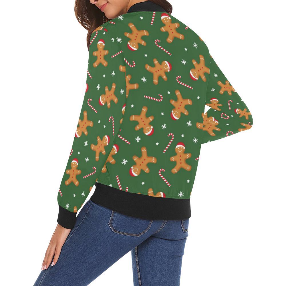 Chirstmas Gingerbread Man Print Pattern Women Casual Bomber Jacket-grizzshop