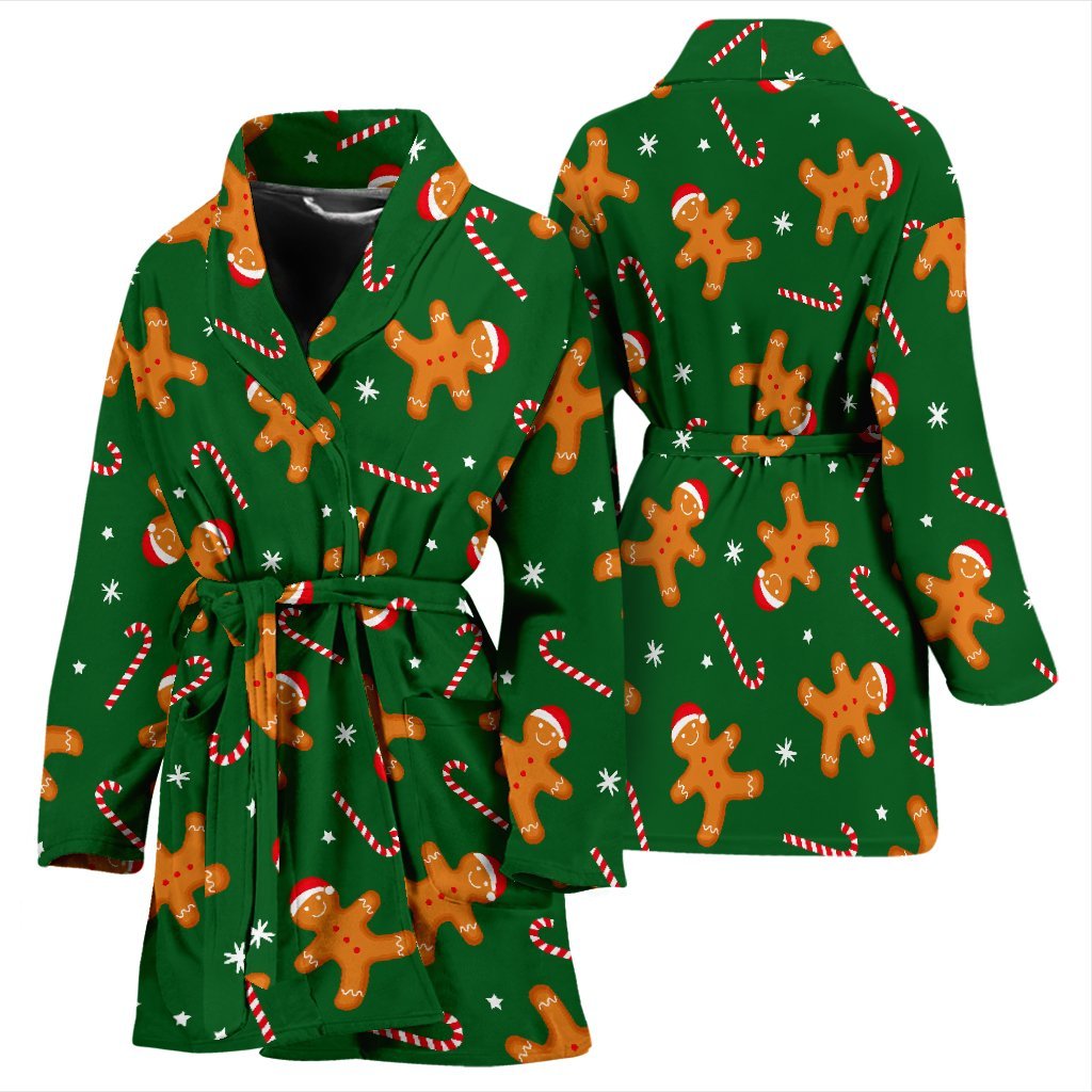 Chirstmas Gingerbread Man Print Pattern Women Long Robe-grizzshop