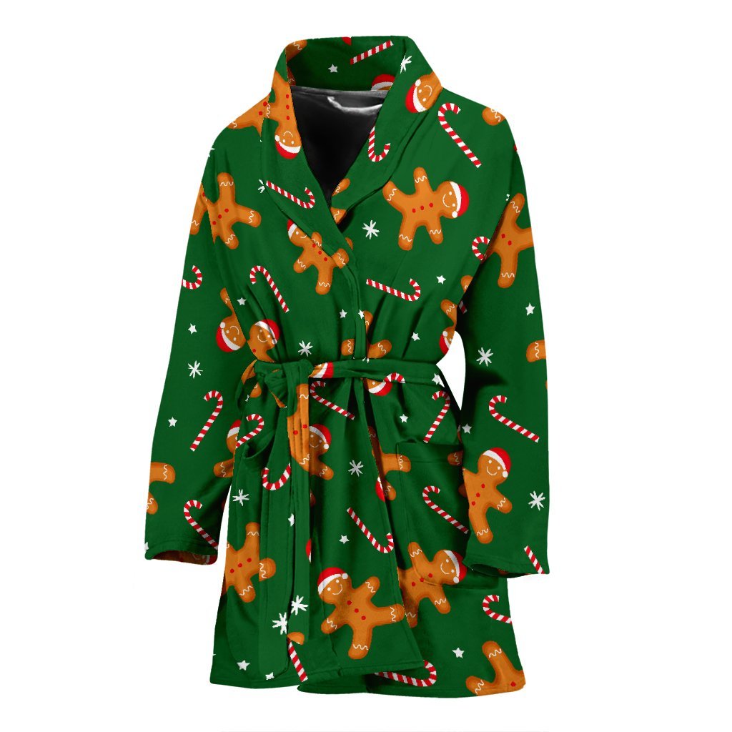 Chirstmas Gingerbread Man Print Pattern Women Long Robe-grizzshop