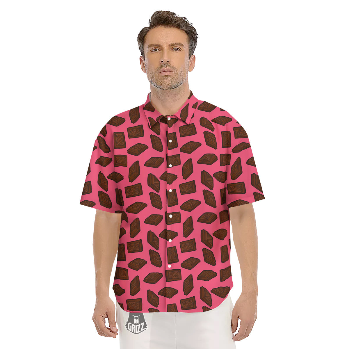 Chocolate And Pink Print Pattern Men's Short Sleeve Shirts-grizzshop