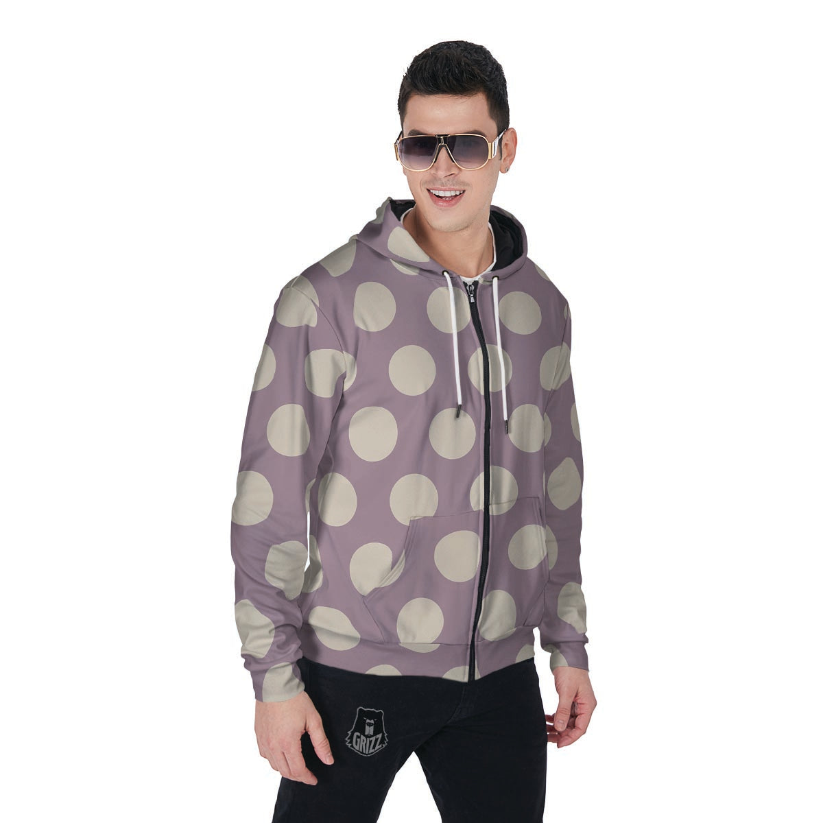 Chocolate Brown Polka Dot Men's Zip Up Hoodie-grizzshop