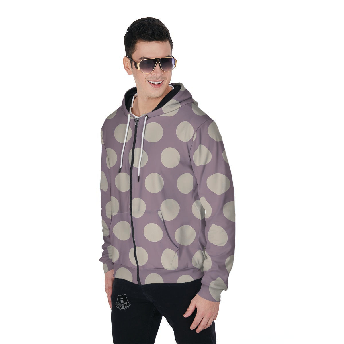 Chocolate Brown Polka Dot Men's Zip Up Hoodie-grizzshop
