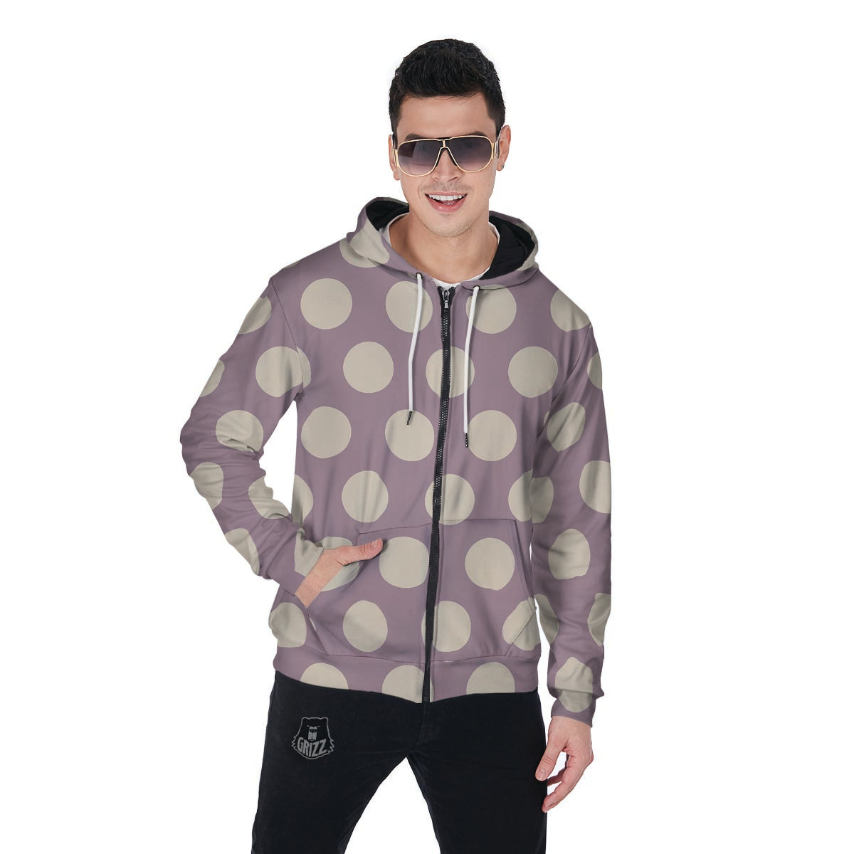 Chocolate Brown Polka Dot Men's Zip Up Hoodie-grizzshop