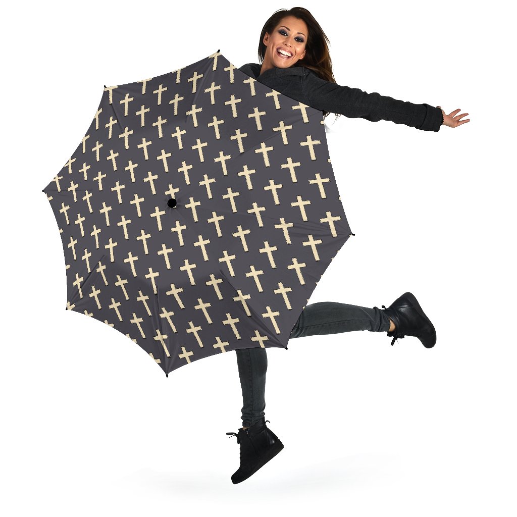 Christian Cross Pattern Print Automatic Foldable Umbrella-grizzshop