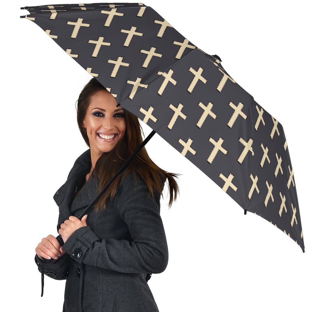 Christian Cross Pattern Print Automatic Foldable Umbrella-grizzshop