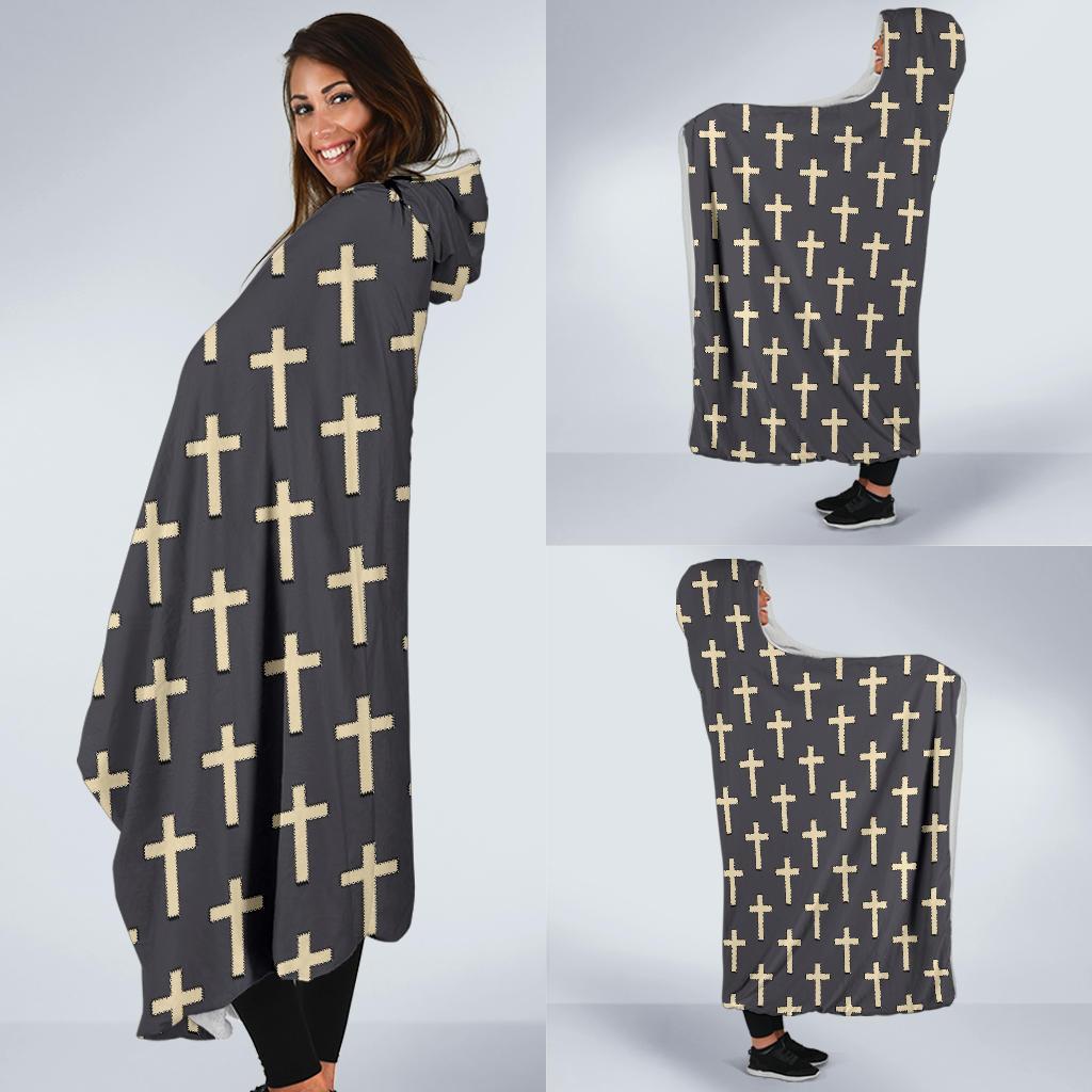Christian Cross Pattern Print Hooded Blanket-grizzshop