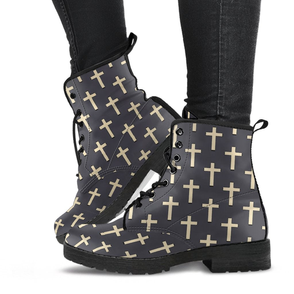 Christian Cross Pattern Print Men Women Leather Boots-grizzshop