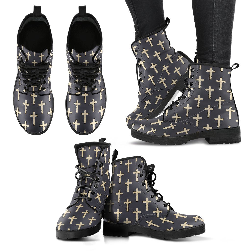 Christian Cross Pattern Print Men Women Leather Boots-grizzshop
