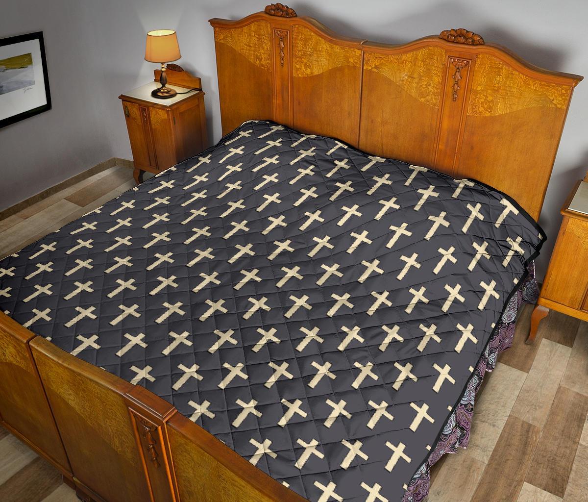 Christian Cross Pattern Print Quilt-grizzshop