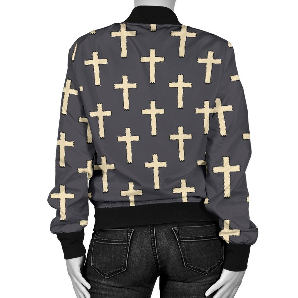 Christian Cross Pattern Print Women Casual Bomber Jacket-grizzshop